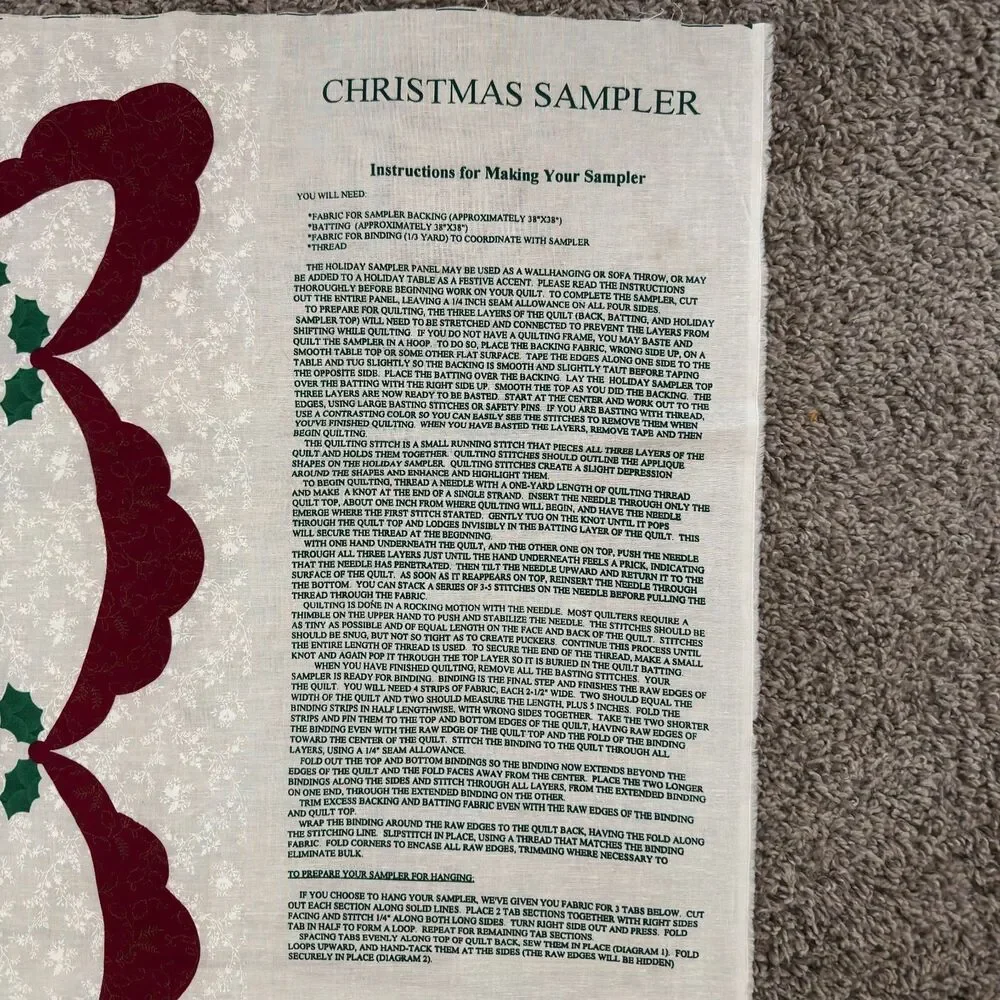 Vtg Wamsutta Christmas Sampler Fabric Panel Cheater Quilt Wall Hanging Uncut 2PC
